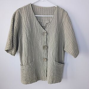 Textured Button-Front Short Sleeve Shirt Jacket - Sage